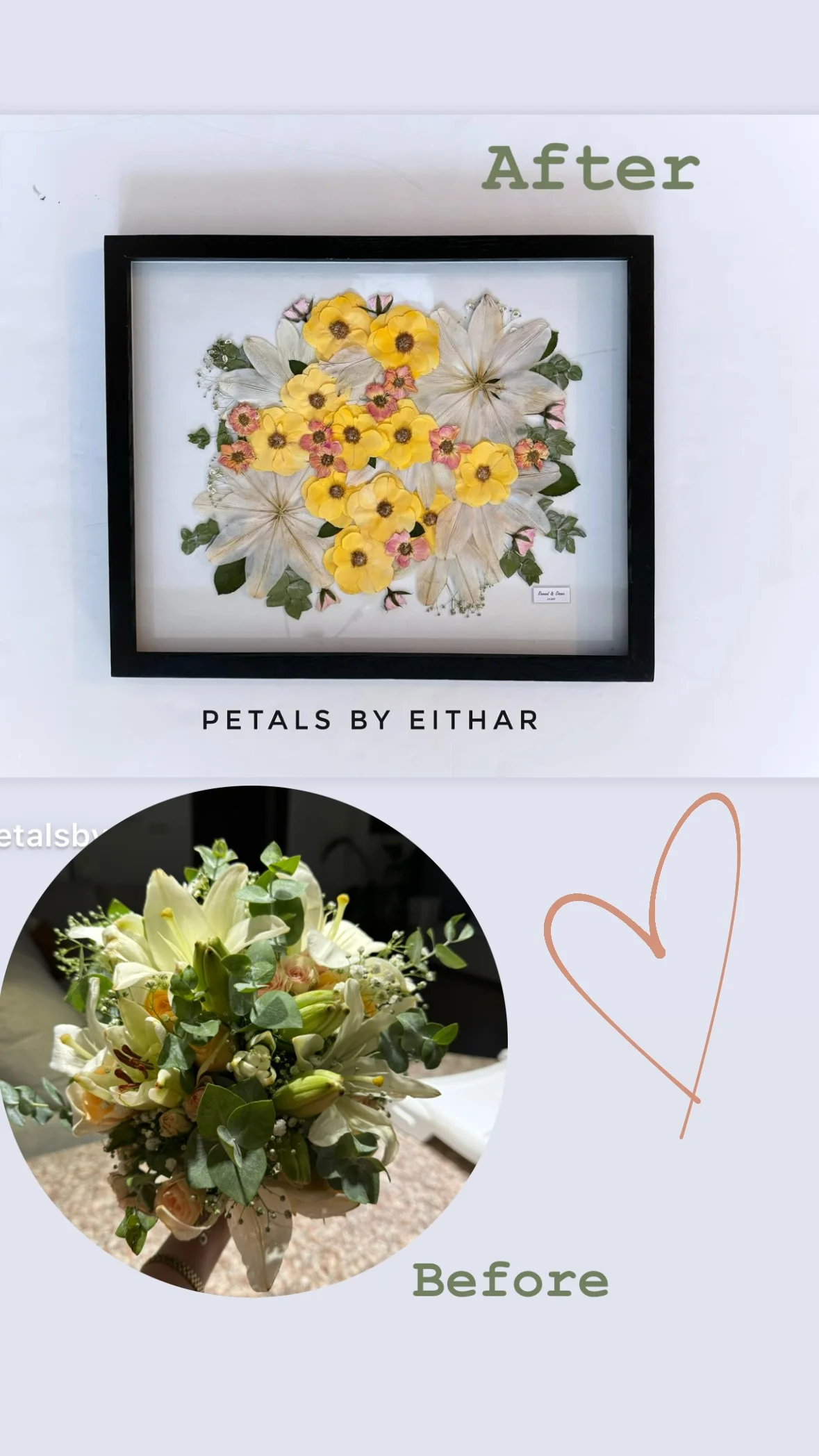 A pale bouquet becomes a framed arrangement with soft yellow and cream tones.