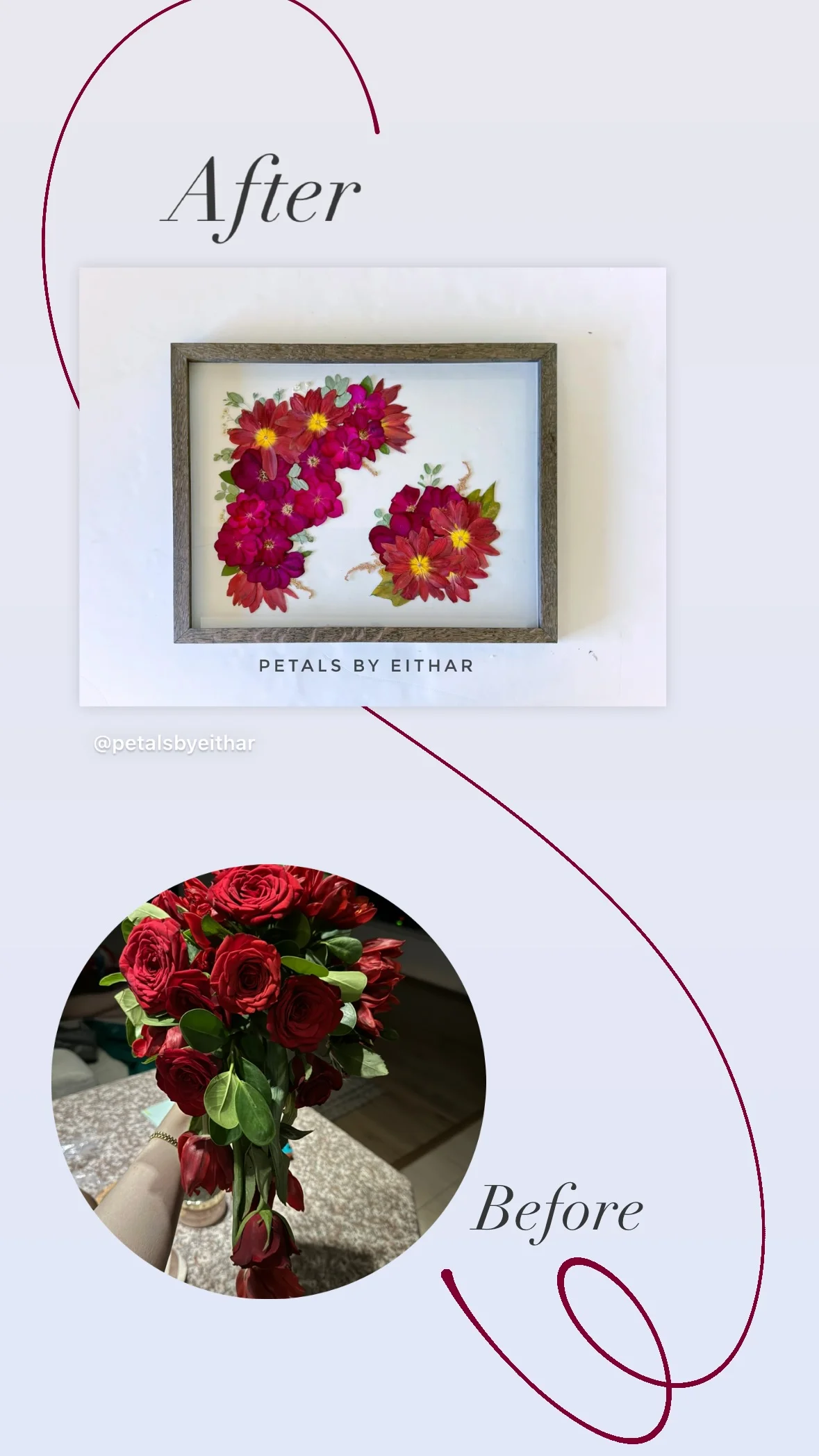 A red bouquet becomes a floral composition arranged in two corners.